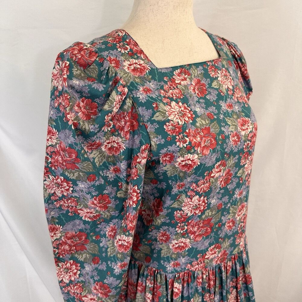 Vintage Laura Ashley Prairie Maxi Dress Floral Cottagecore 10 Cotton Puff Teal - Picture 3 of 12